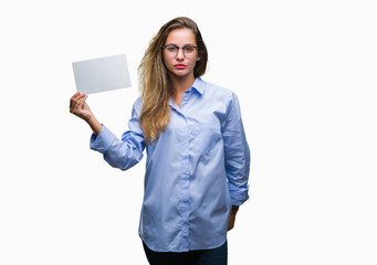 Young beautiful blonde business woman holding blank card over isolated background with a confident expression on smart face thinking serious