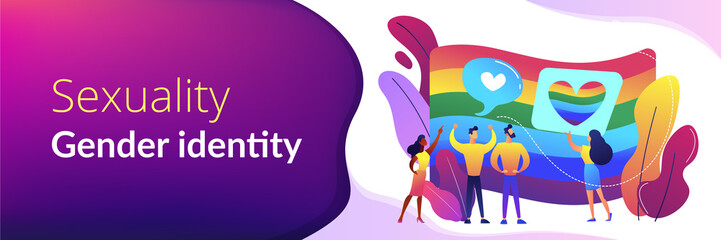 Rainbow coloured flag and LGBT community demonstration with hearts. Sexuality and gender identity, sexual orientation, LGBT movement concept. Header or footer banner template with copy space.