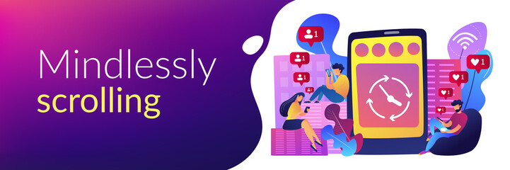 Business people scrolling through newsfeeds, smartphone with clock. Mindlessly scrolling, clicking on applications, social media addiction concept. Header or footer banner template with copy space.
