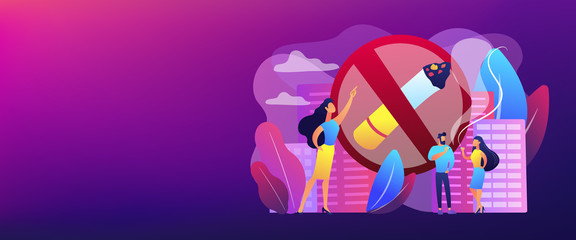 Business woman pointing at no smoking sign and people with cigarettes. Smoking cigarettes, nicotine addiction, smoking health risks concept. Header or footer banner template with copy space.