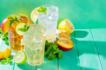 Summer drinks - selection of iced tea refreshments, copy space