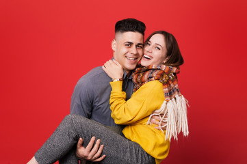 Cheerful smiling couple in love enjoying time together