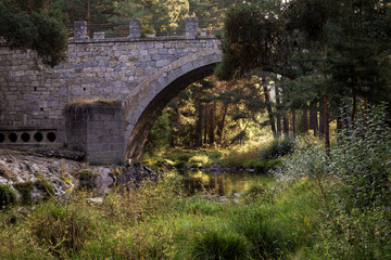 mountain river crossing an old stone bridge