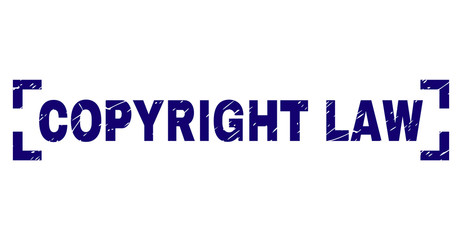 COPYRIGHT LAW title seal watermark with corroded texture. Text title is placed between corners. Blue vector rubber print of COPYRIGHT LAW with scratched texture.