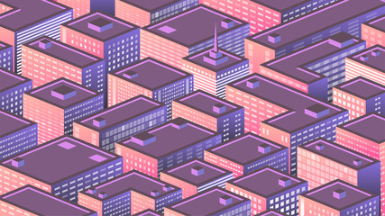 Isometric background with a populous sunser or sunrise city, metropolis, business, city life
