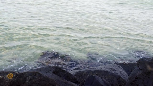 ZOOM OUT Of Cold Clear Green Water Hitting The Algea Covered Rocks At Shore On A Calm And Lovely Autumn Day In Denmark, Scandinavia