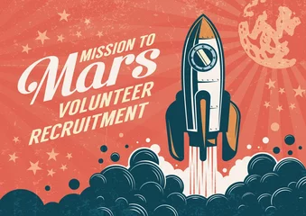 Rollo Mission to Mars - Poster im Retro-Vintage-Stil mit abhebender Rakete. Abgenutzte Textur auf einer separaten Ebene. © Agor2012