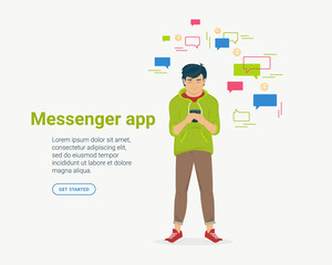 A new messenger app concept flat vector illustration of young man using mobile smartphone for texting in social networks messenger or dating app. Smiling guy standing with speech bubbles around
