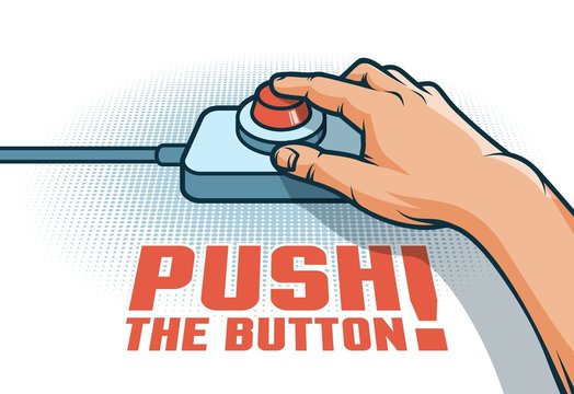 Hand push the red button with  finger - retro pop art illustration in comic style.