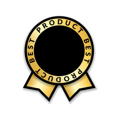 Ribbon award best product of year. Gold ribbon award icon isolated white background. Best product golden label for prize, badge, medal, guarantee quality product. Vector illustration
