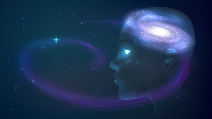 Meditation, mind, imagination. Human head on the background of space, the galaxy in the head