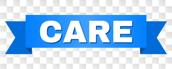CARE text on a ribbon. Designed with white caption and blue stripe. Vector banner with CARE tag on a transparent background.