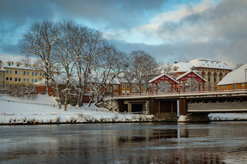Old bridge called Gamle Bybro. Trondheim in Norway in winter time.