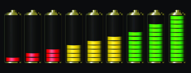Battery charge. Icons in the form of batteries 9 elements. Red, yellow, green.Isolate. Vector.