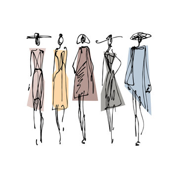 Fashion models hand drawn sketch, stylized ink silhouettes isolated on white background
