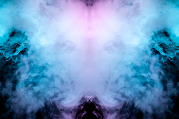 A background of pink, green and white wavy smoke in the shape of a ghost's head or a man of mystical appearance on a black isolated ground. Bright abstract pattern of steam from vape.
