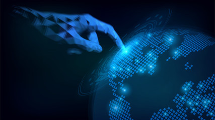 Obraz premium Low polygonal hand touch blue Earth, communication technologies. Internet, web, globalization
