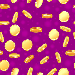 Business pattern with golden coins on a lilac background. As a background or packaging material.Illustration.