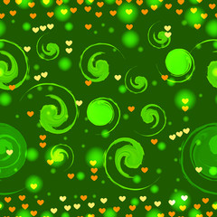Abstract pattern with golden spiral strokes on a green background with hearts. As a background or packaging material. Candy wrapper.Vector. 
