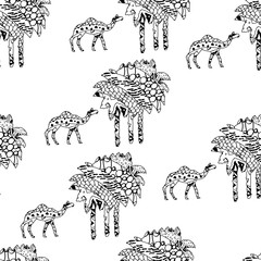 Seamless tropical zen art pattern with moving tiger under palms with different ornaments isolated on white background. Abstract geometric texture for wallpapers, web page, surface