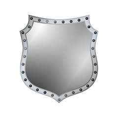 Silver shield shape icon. 3D gray emblem sign isolated on white background. Symbol of security, power, protection. Badge shape shield graphic design. Vector illustration