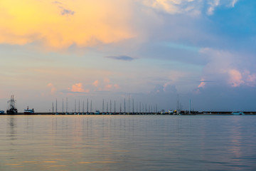 Greece, Zakynthos, Reflecting light of countless sail boats in zakynthos city harbor in magic...