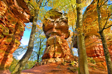 Altschlossfelsen im Dahner Felsenland im Herbst - Altschlossfelsen rock in Dahn Rockland, Germany