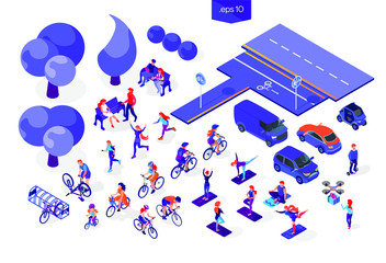 Vector isometric flat people on a white background. Set of sports activities, cycling, running, yoga classes, cars, trees and road. Man on giroboard and woman with drone. Couple in love on park bench