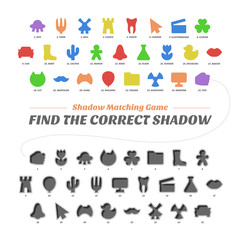 Shadow matcing game. Find the correct shapes. Worksheets for kids. Education vector basic silhouette school collection.