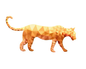Vector tiger in low-poly whole moving forward isolated on white background. Orange big cat from polygons side view. Silhouette of an animal from triangles