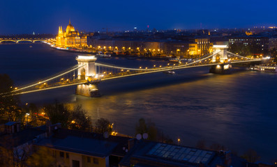 Fototapeta na wymiar Image of night view of Budapest Chain Bridge over Danube
