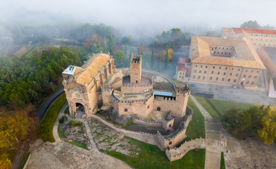 Aerial view of Castillo de Javier in fog
