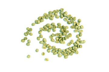 spiral from green coffee beans on white background