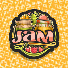 Vector logo for fruit Jam, black tag with 2 home made glass jars covered checkered cloth and tied bow, fresh cartoon fruits and berries, brush lettering for word jam and decorative colorful flourishes