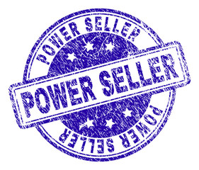 POWER SELLER stamp seal imprint with distress texture. Designed with rounded rectangles and circles. Blue vector rubber print of POWER SELLER title with dirty texture.