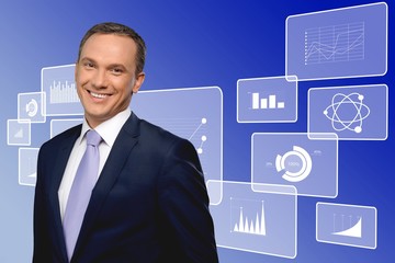 Portrait of happy businessman on background