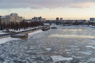 Moskva river and modern buildings in Moscow city center at winter time
