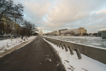Moskva river and modern buildings in Moscow city center at winter time