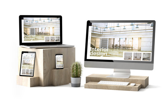 wooden cubes devices isolated responsive interior design website