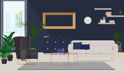 Coffee table between the chair and the sofa. Blue the interior of the living room with a window and plants. Vector flat illustration.