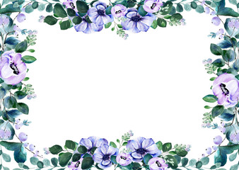 Watercolor floral anemone flower frame with green twigs and snowberry