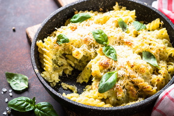 Mac and cheese traditional american macaroni casserole.