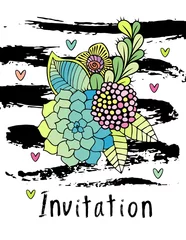 Gordijnen Hand drawn hipster flower invitation card cover, floral . Succulent, rose and leaf on white background with brushstrokes © antuanetto