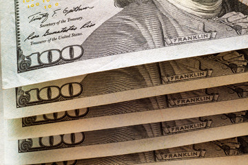 Money, prosperity and finances concept. Abstract light background of American USA national currency...