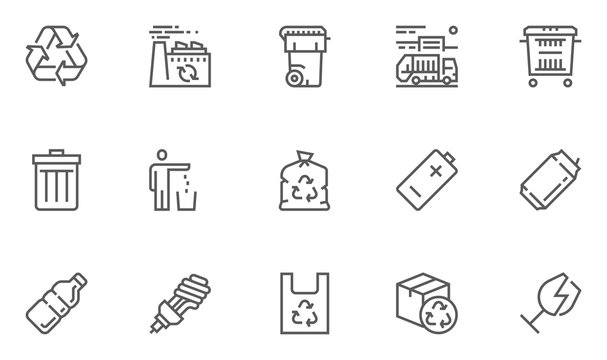 Garbage Vector Line Icons Set. Trash, Organic Waste, Plastic, Aluminium Can, Pollution, Recycle Plant. Editable Stroke. 48x48 Pixel Perfect.