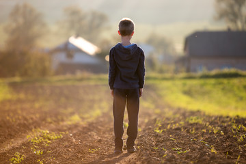 Back view of young blond child boy standing alone on field after harvest on late summer or autumn sunny day on distant foggy blurred blue panorama of small houses among green trees background.