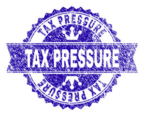 TAX PRESSURE rosette stamp seal imitation with grunge style. Designed with round rosette, ribbon and small crowns. Blue vector rubber watermark of TAX PRESSURE tag with grunge style.