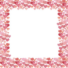 Hearts watercolor frame. Watercolor Valentine`s Day background. Good for card/invitation/banner template Romantic design.
