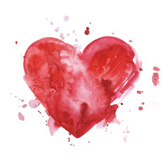 Red watercolor heart for Valentine`s day on a white background. Hand drawn illustration for love concept or Valentine`s Day background design. Watercolor heart icon.