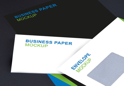 Two Letterhead and an Envelope on Dark Background Mockup